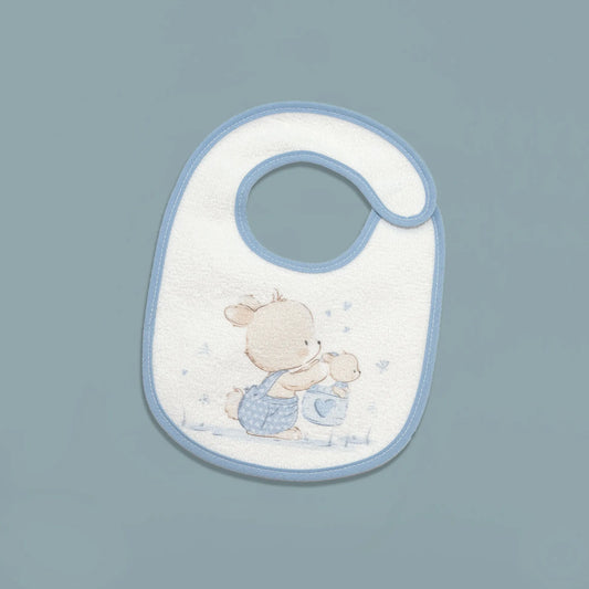 Babero impermeable con motivo de conejito en la cesta azul