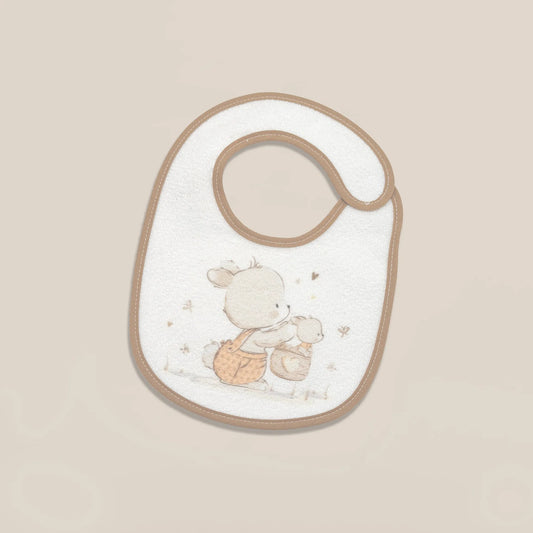 Babero impermeable con motivo de conejito en la cesta beige