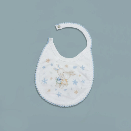 Babero con motivo de conejitos abrazados azul