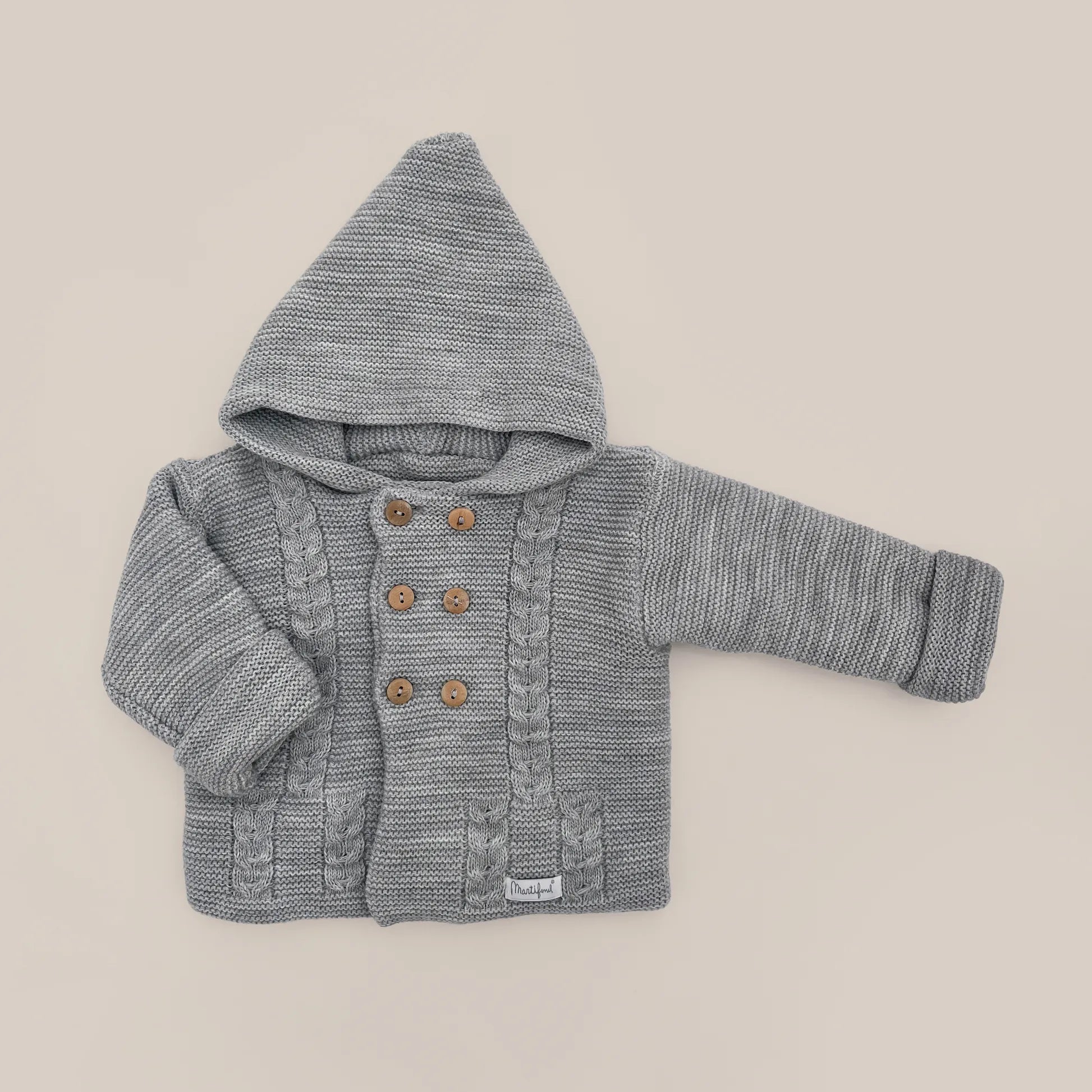 Chaqueta de punto con capucha y detalles trenzados en la parte delantera gris