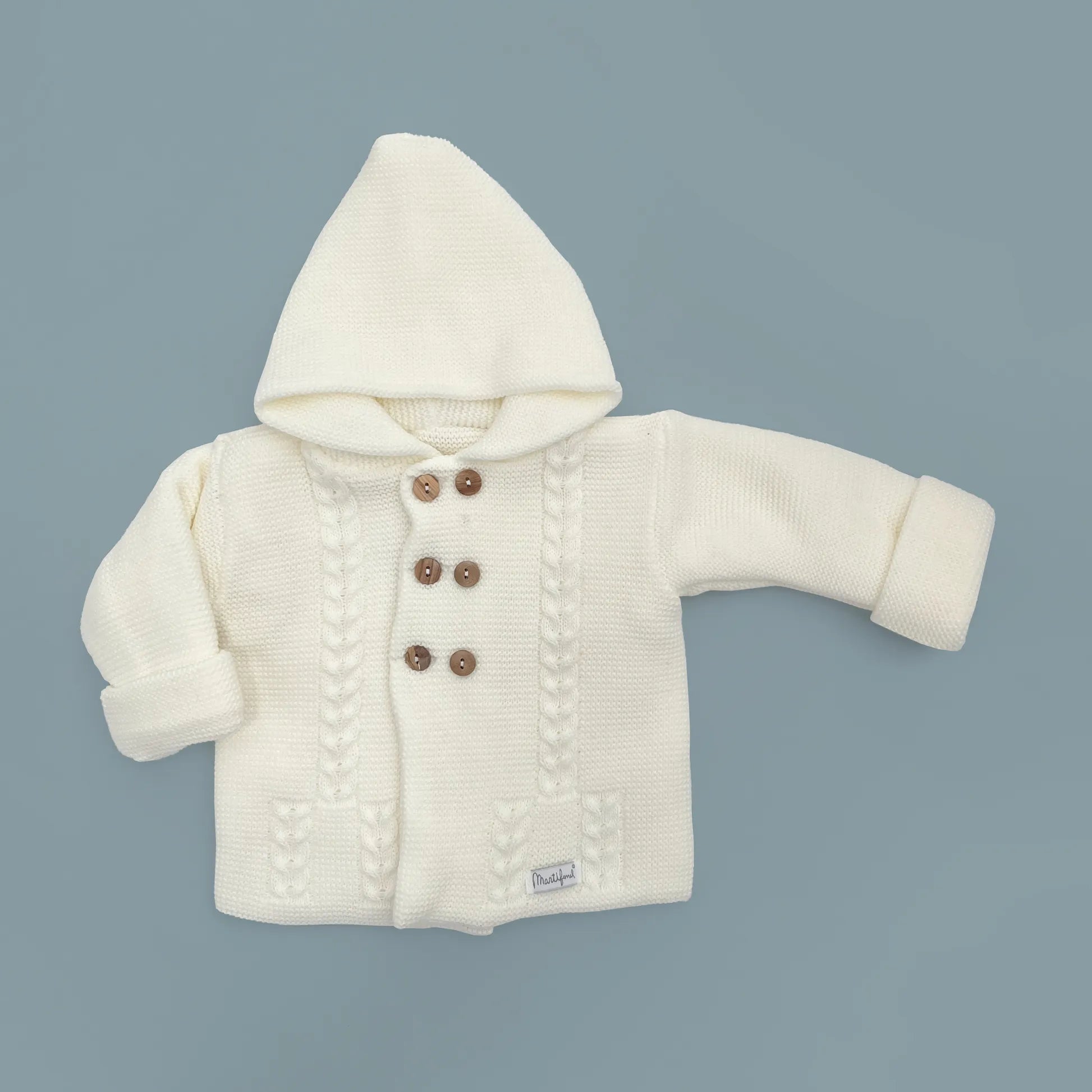 Chaqueta de punto con capucha y detalles trenzados en la parte delantera perla