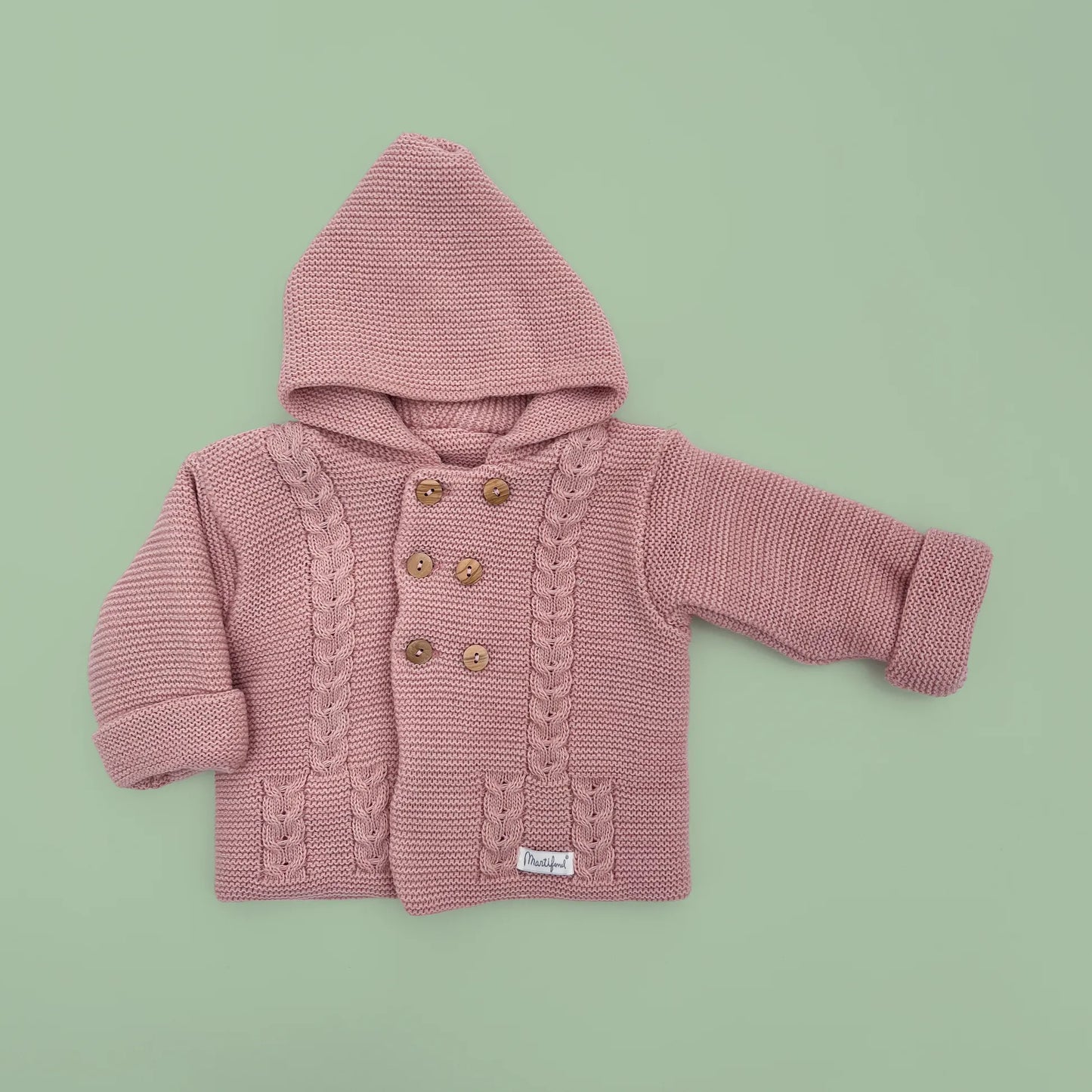 Chaqueta de punto con capucha y detalles trenzados en la parte delantera rosa