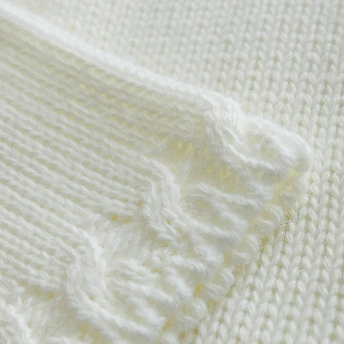 Detalle de chaqueta de punto con detalles trabajados en los bordes perla