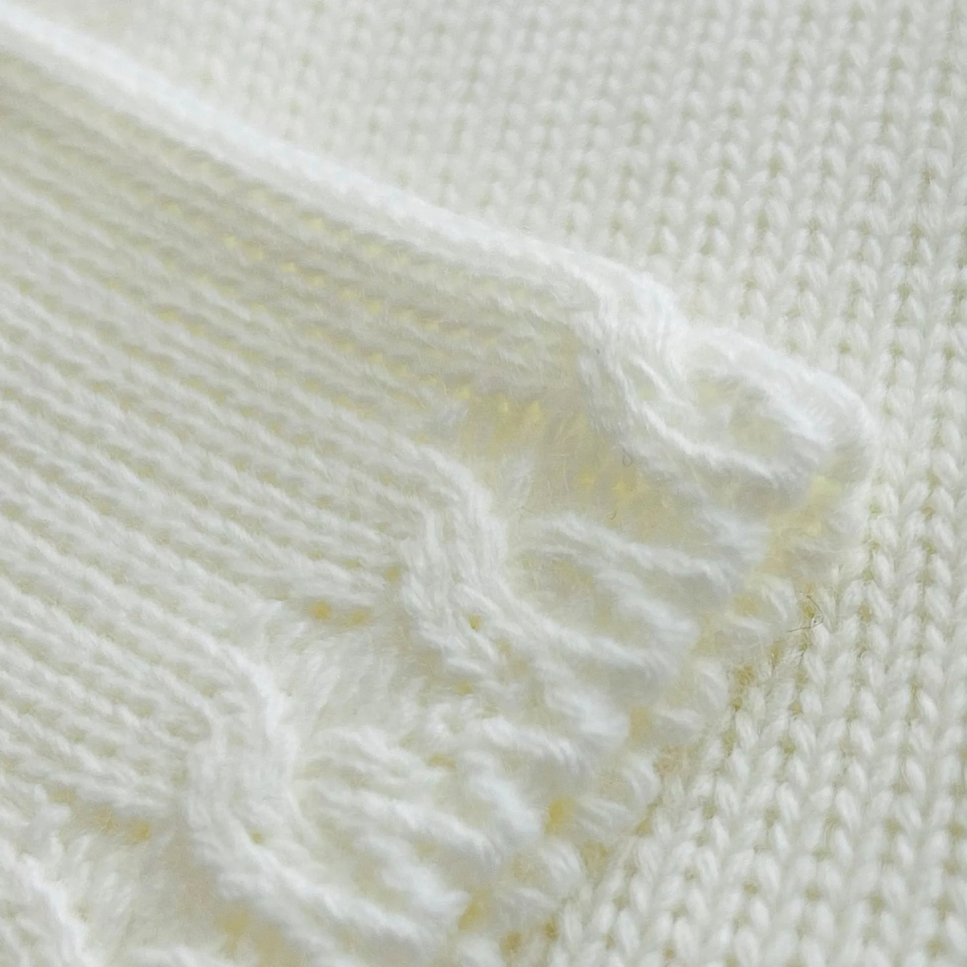 Detalle de chaqueta de punto con detalles trabajados en los bordes perla