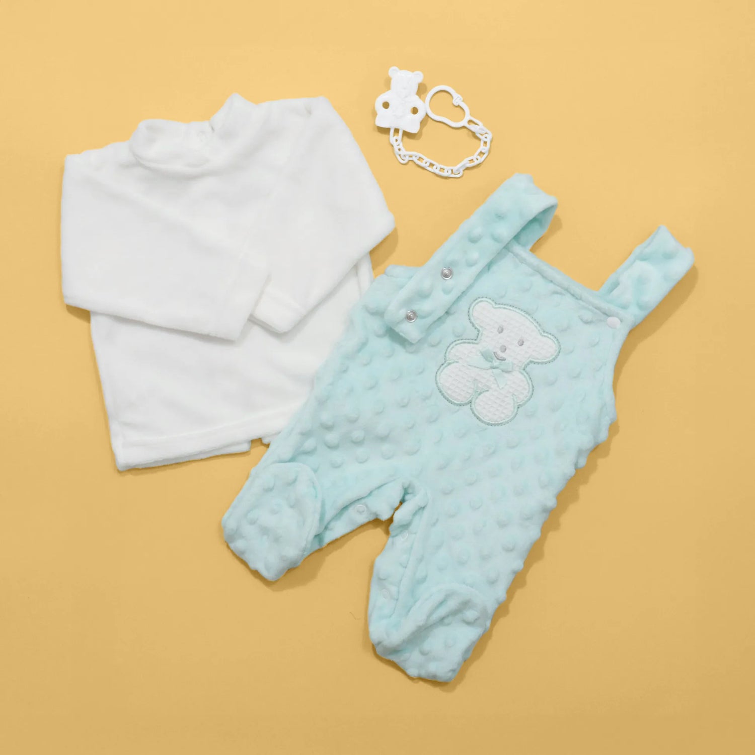 Conjunto de peto y camiseta perchada con motivo de osito waffle verde agua