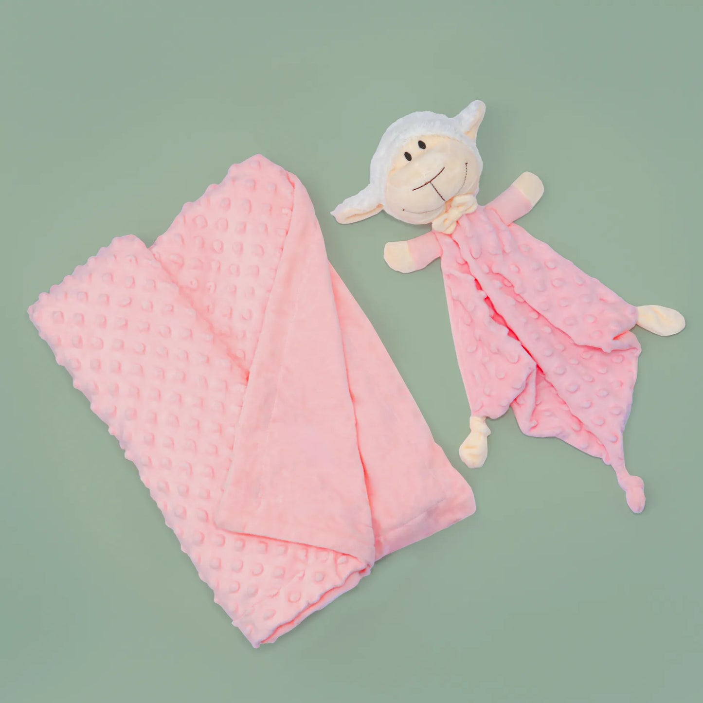 Conjunto de manta y doudou oveja con detalles en relieve rosa