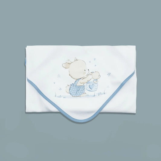 Paño para eructar con motivo de conejito en la cesta azul