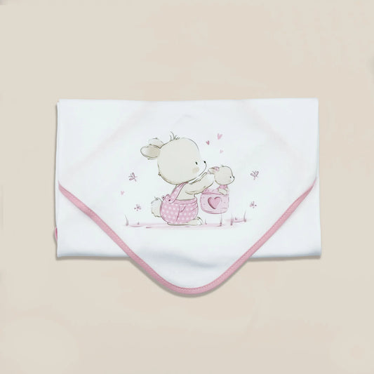 Paño para eructar con motivo de conejito en la cesta rosa