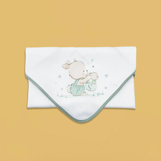 Paño para eructar con motivo de conejito en la cesta verde