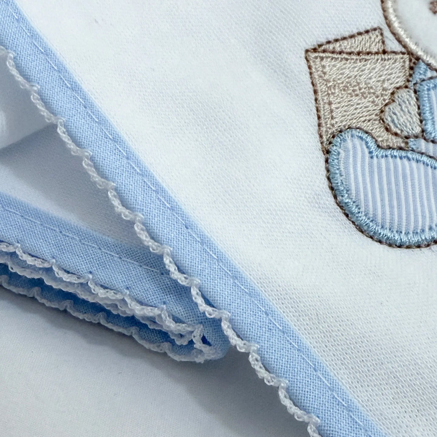 Detalle de paño para eructar con motivo de conejito y osito con libro azul
