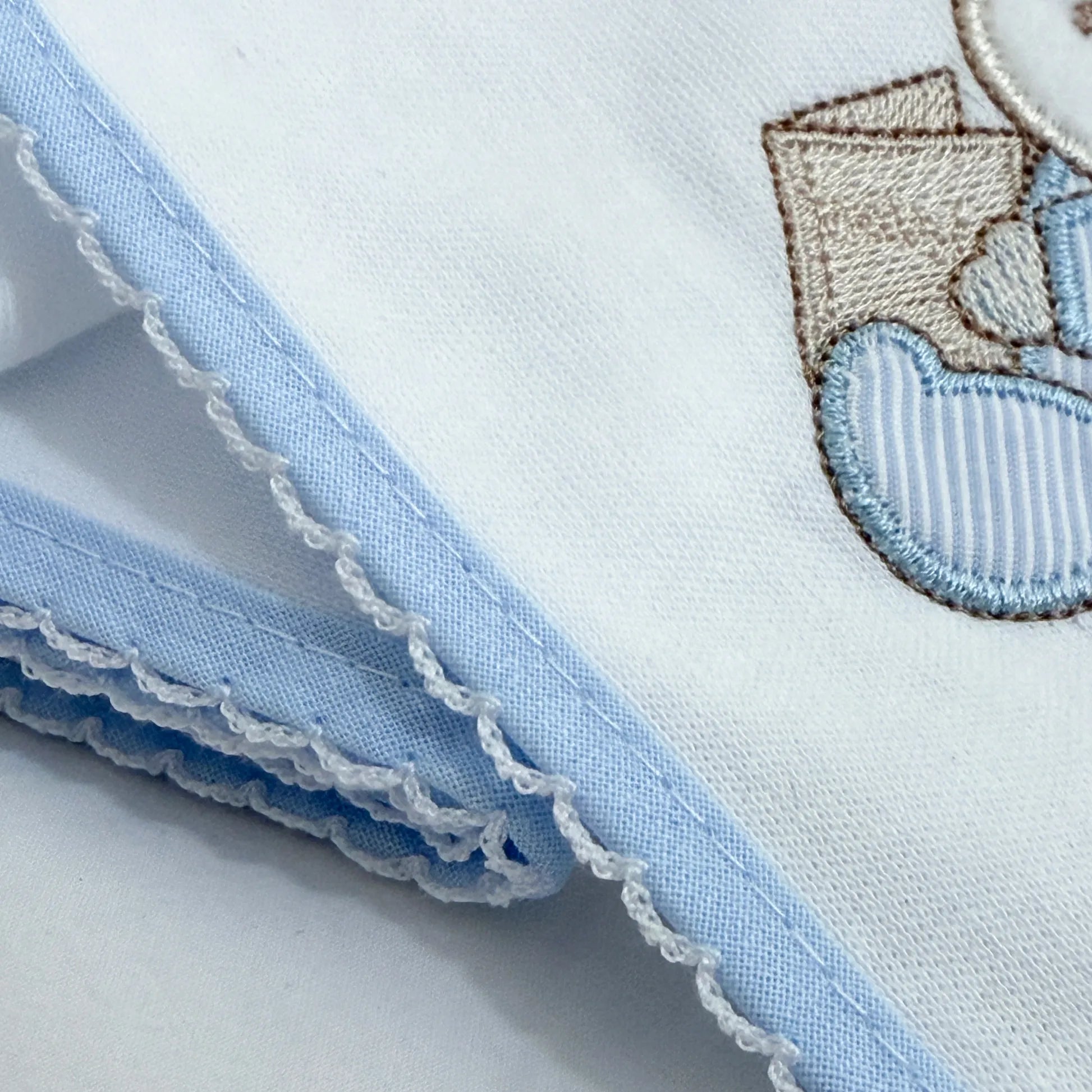 Detalle de paño para eructar con motivo de conejito y osito con libro azul