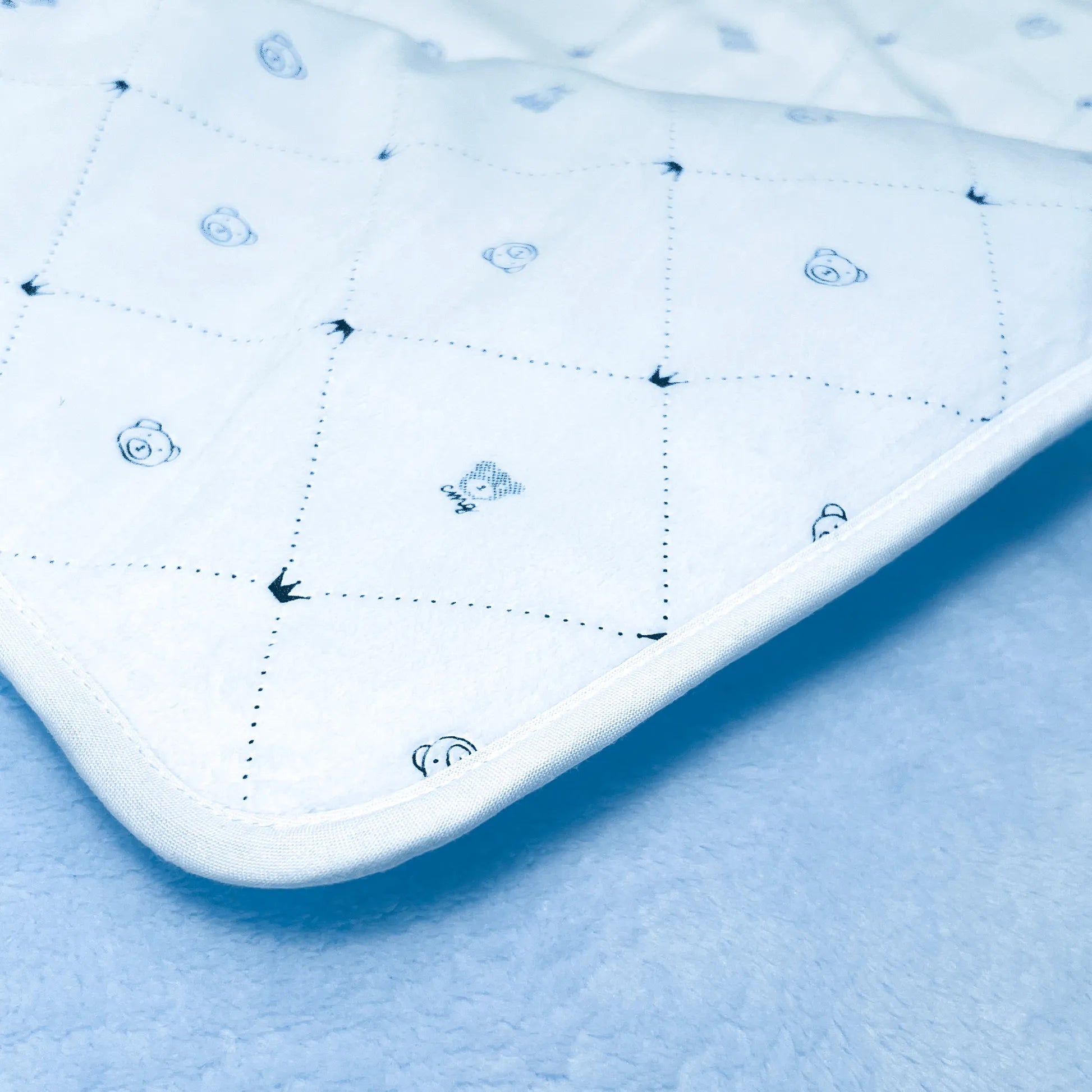 Detalle de manta de doble cara con estampado de ositos y rombos en un lado azul