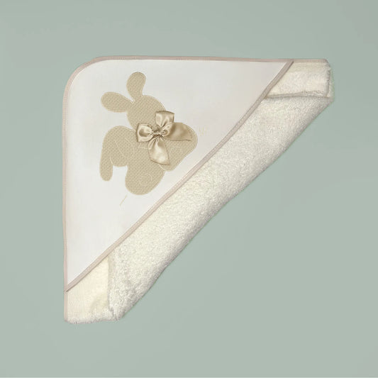 Toalla con motivo de conejos de punto y lazo beige