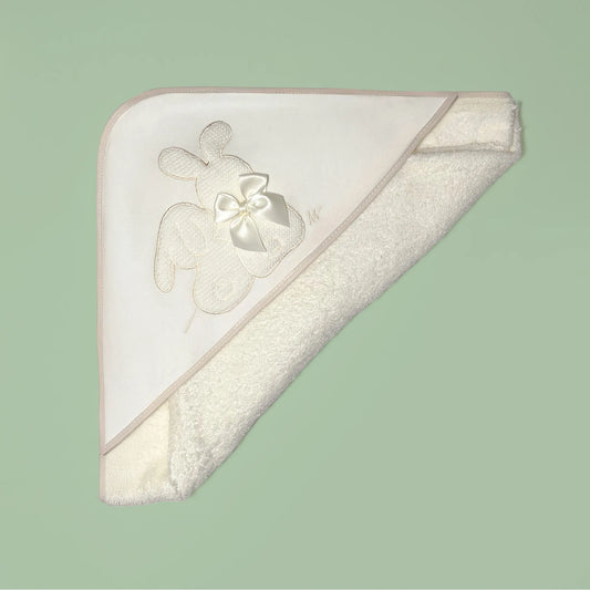 Toalla con motivo de conejos de punto y lazo perla