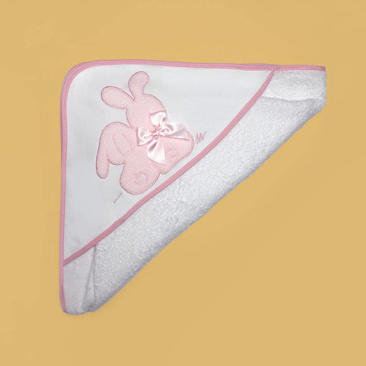Toalla con motivo de conejos de punto y lazo rosa