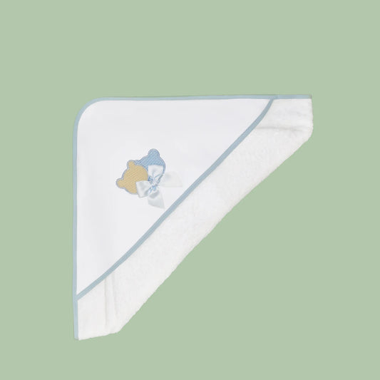 Toalla con motivo de ositos de punto y lazo azul