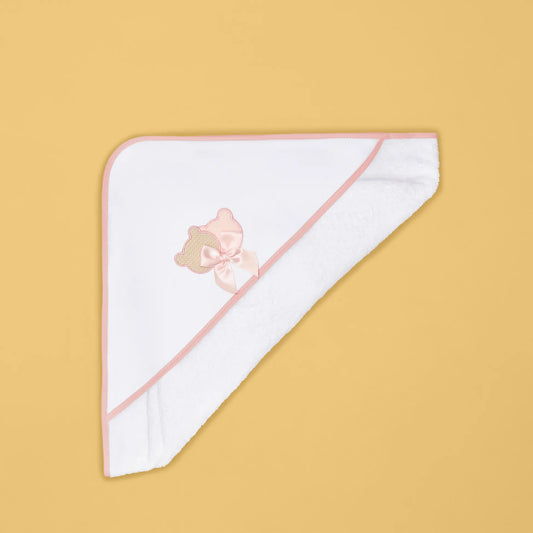 Toalla con motivo de ositos de punto y lazo rosa