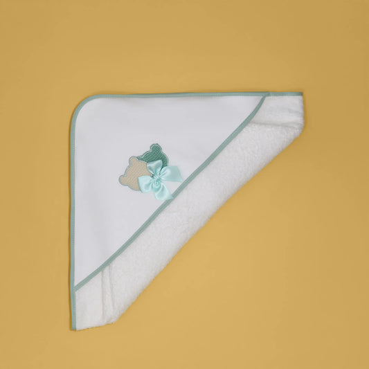 Toalla con motivo de ositos de punto y lazo verde